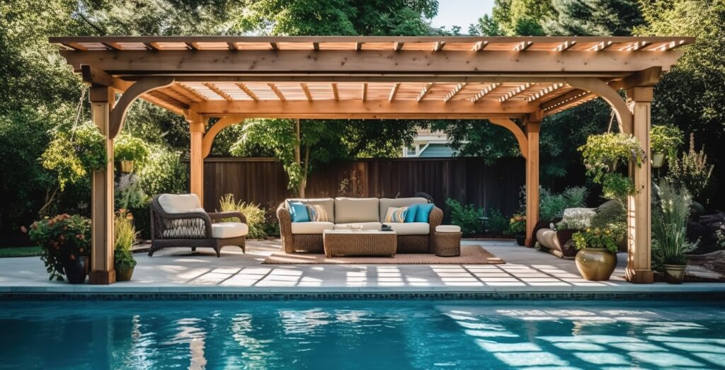 Outside Patio with furniture and pool. Outdoor living spaces Mt. Pleasant.